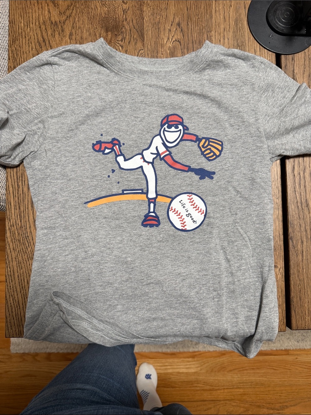 Life Is Good Gray Tee with Navy, Red & Yellow Baseball Player Graphic
